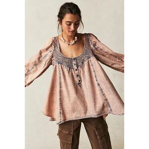 Free People Oversized Pink Acid Wash Smock It To Me Denim Top